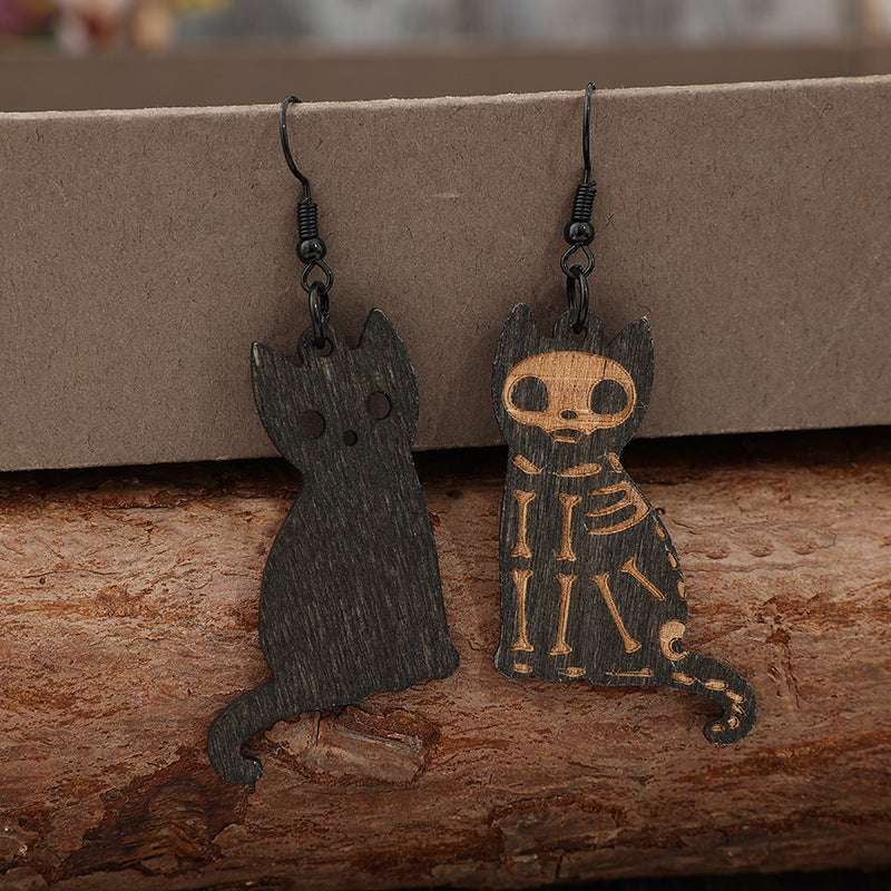 Alloy Hook Wooden Cat Earrings Curiously Vulgar