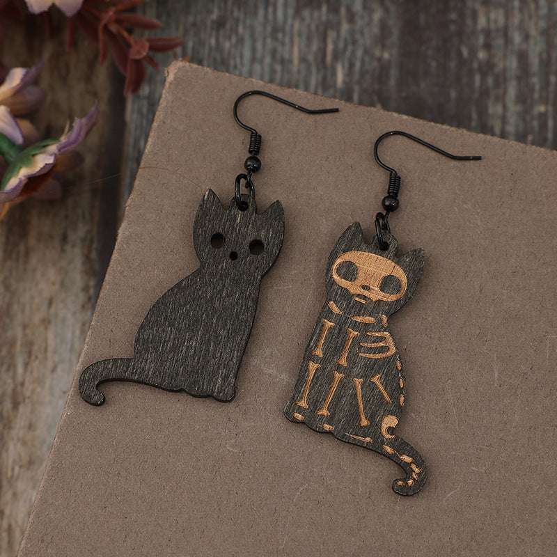 Alloy Hook Wooden Cat Earrings Curiously Vulgar