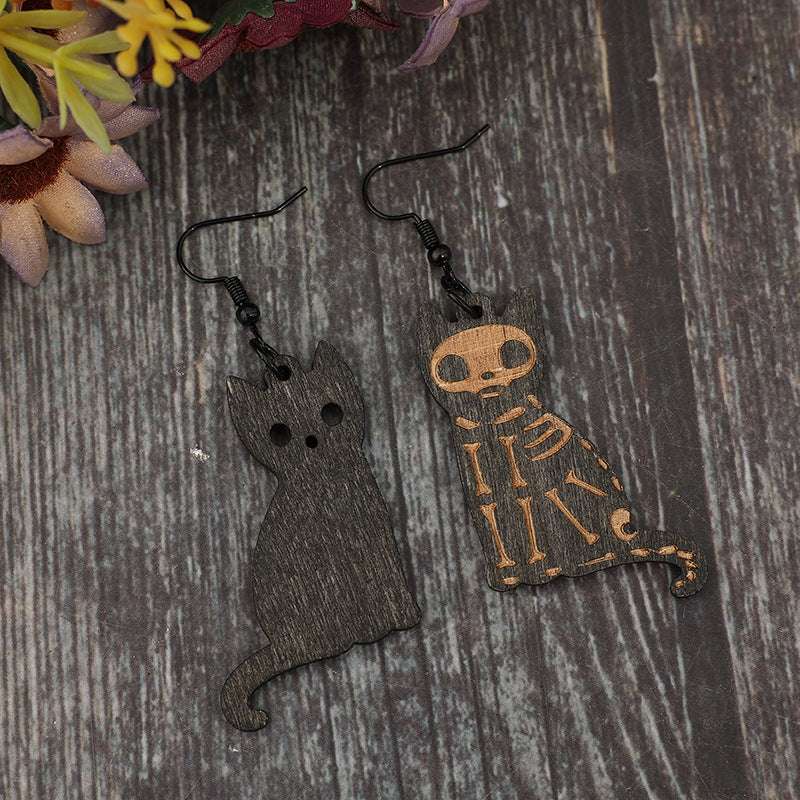Alloy Hook Wooden Cat Earrings Curiously Vulgar