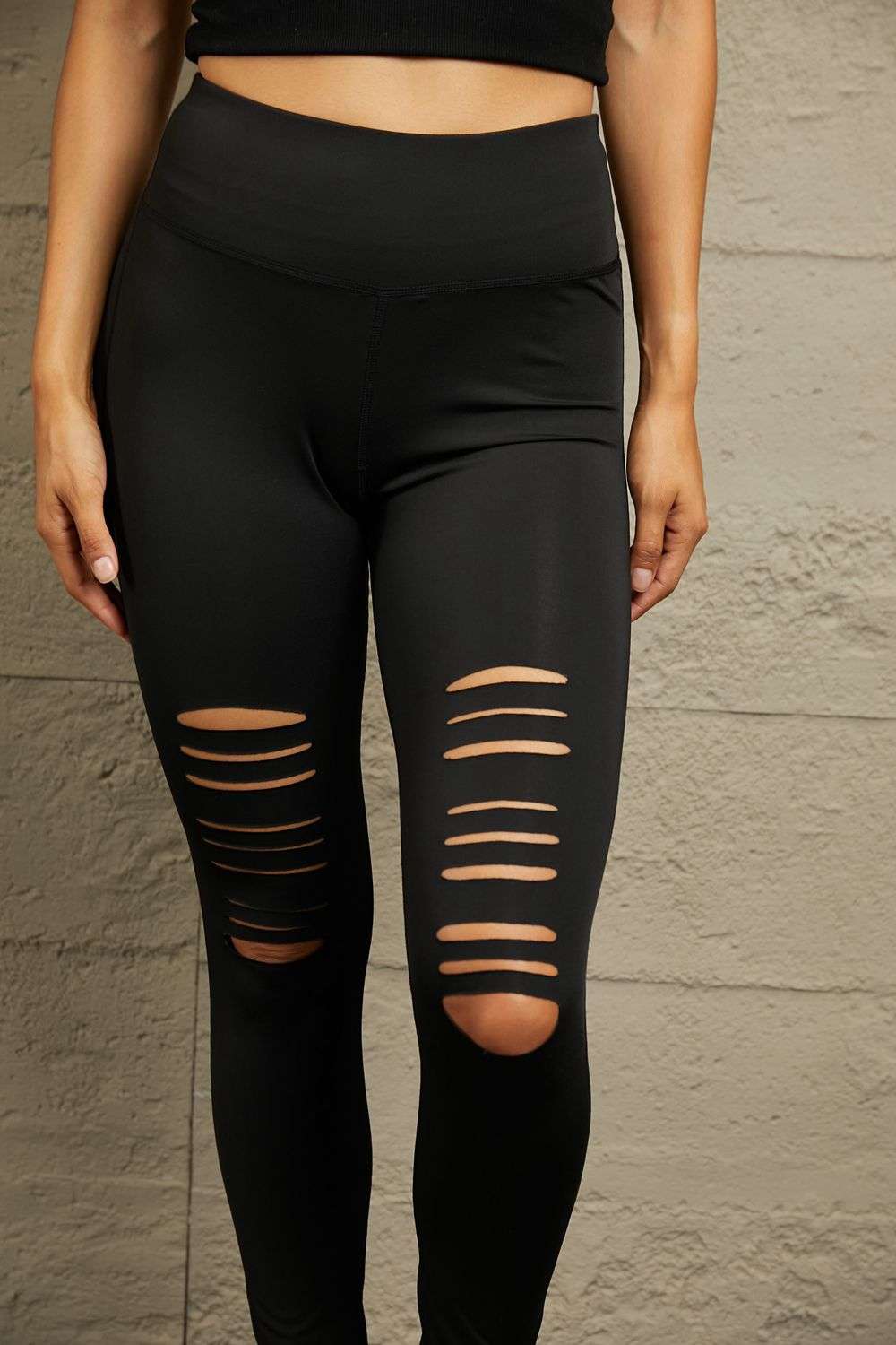 Wide Waistband Distressed Slim Fit Leggings Curiously Vulgar