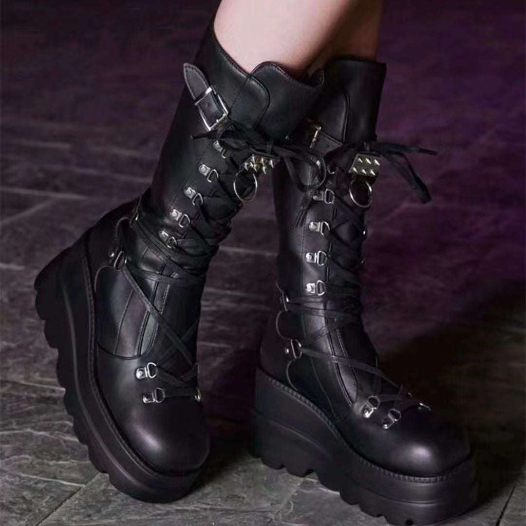 PU Leather Lace Up Wedge Boots Curiously Vulgar