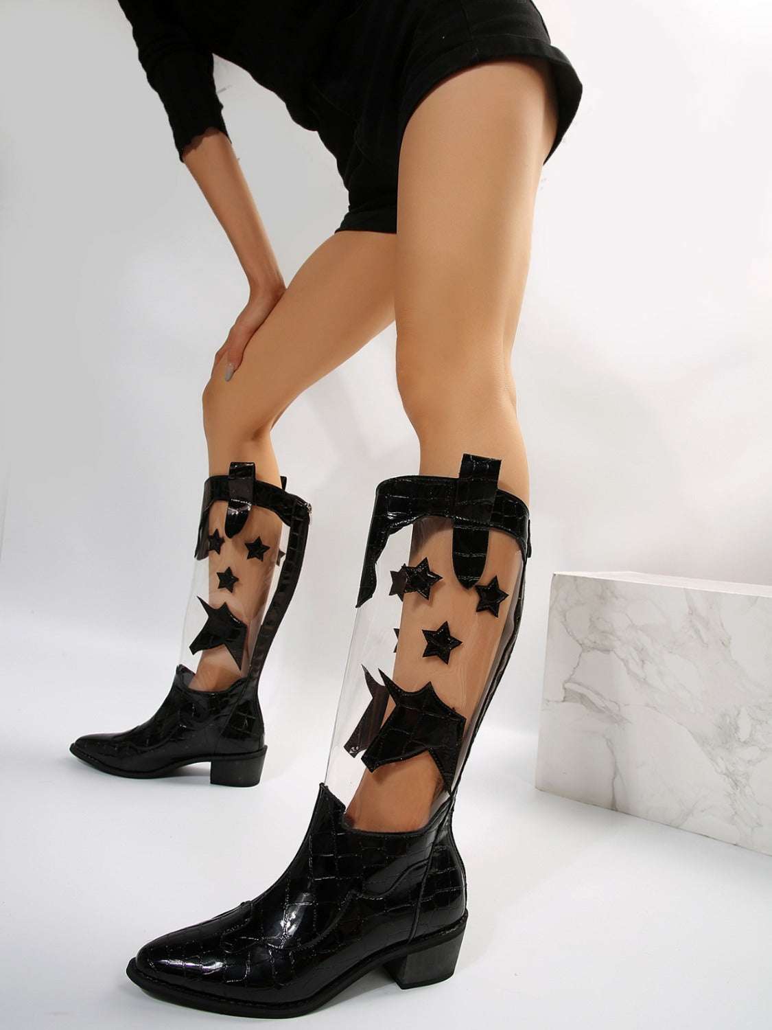 Star Point Toe Block Heel Boots Curiously Vulgar