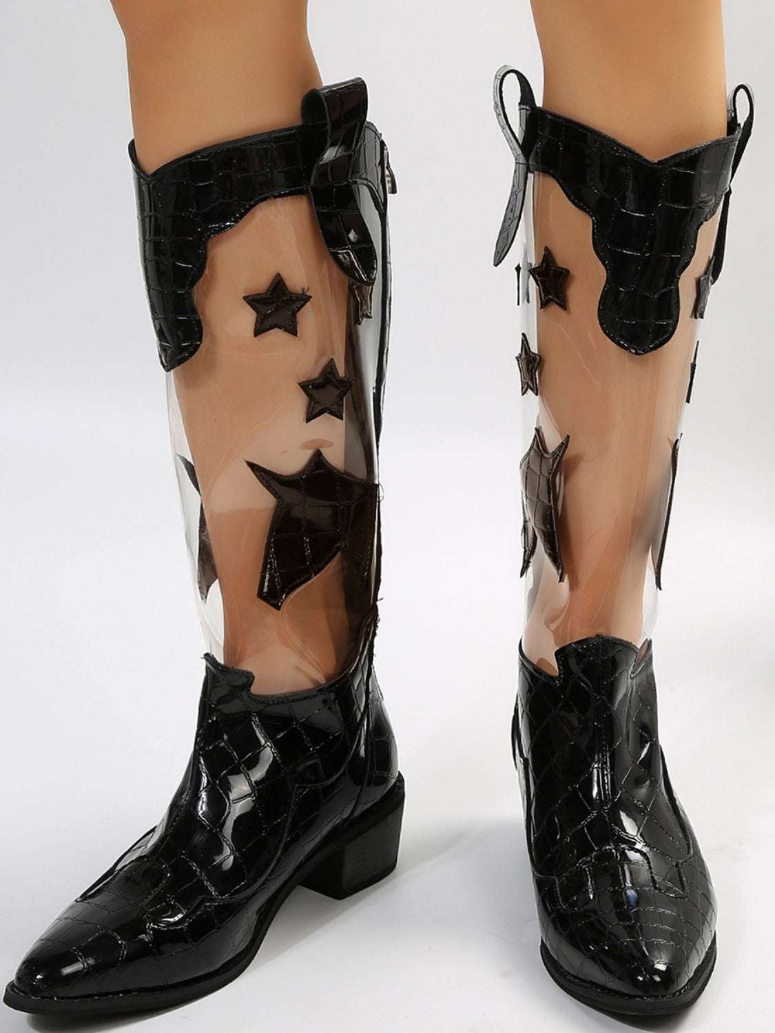 Star Point Toe Block Heel Boots Curiously Vulgar