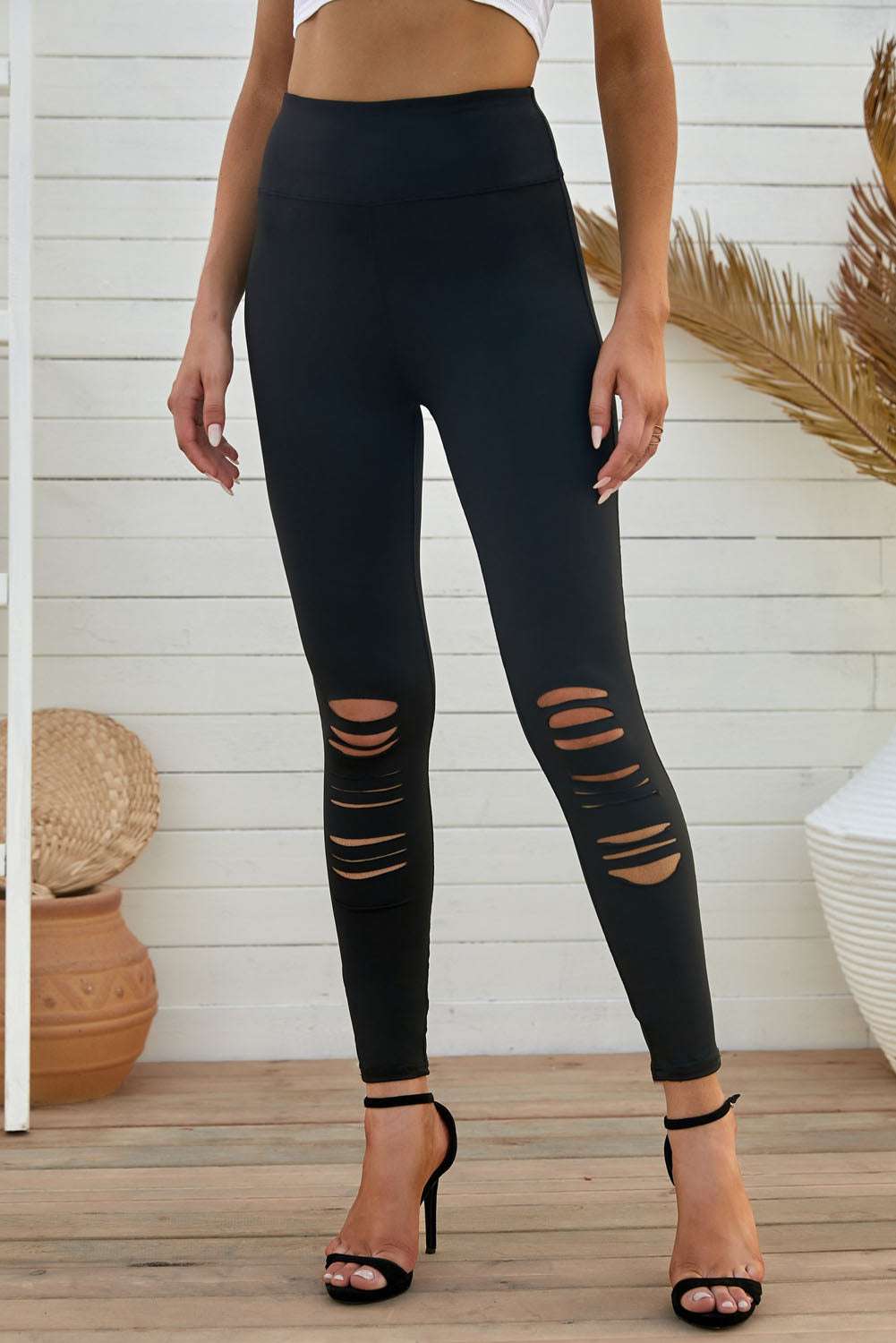 Wide Waistband Distressed Slim Fit Leggings Curiously Vulgar